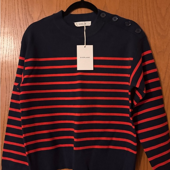 Everlane Sweaters - Everlane Women’s Navy and Red Striped Button-Shoulder Sweater
